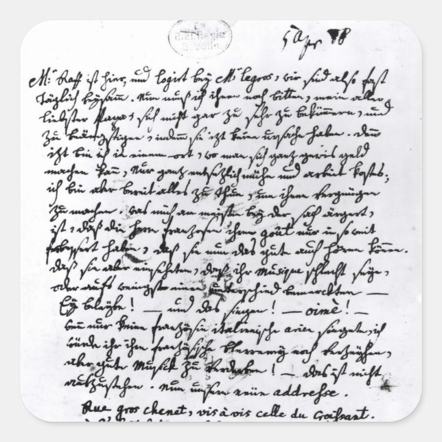 Pegatina Cuadrada Carta de Mozart a su padre, 5 de abril (Anverso)
