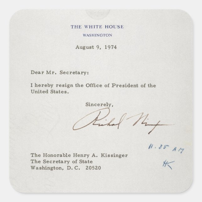 Pegatina Cuadrada Carta de renuncia de Richard M. Nixon 1974 (Anverso)