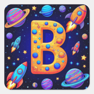 Pegatina Cuadrada 🚀 Carta Espacial B Cohetes Planetas Estrellas Niñ