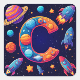 Pegatina Cuadrada 🚀 Carta espacial C Cohetes Planetas Estrellas Niñ