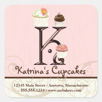 Pegatina Cuadrada Carta K Monograma Cupcake de arte inicial