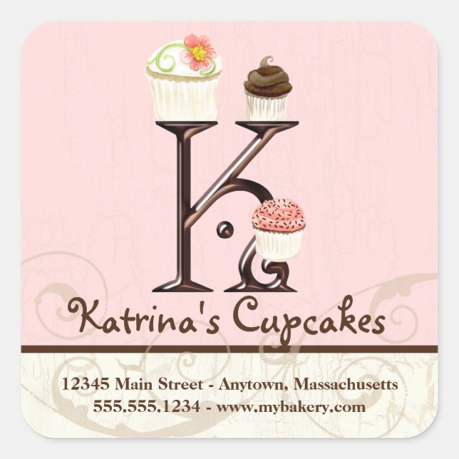 Pegatina Cuadrada Carta K Monograma Cupcake de arte inicial (Anverso)
