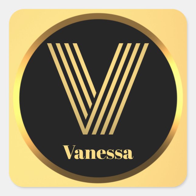 Pegatina Cuadrada Carta monogramada de oro personalizada V (Anverso)