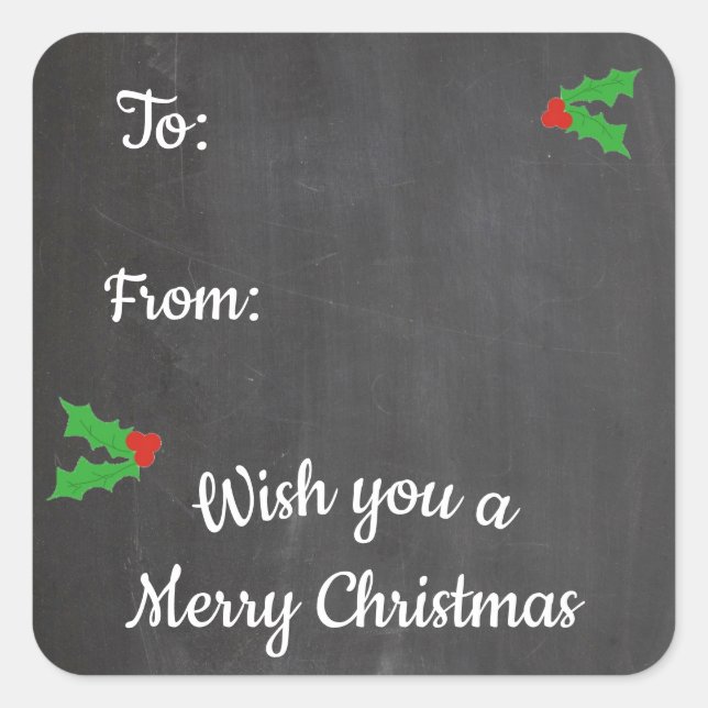 Pegatina Cuadrada Cartas de navidades Holly Chalkboard (Anverso)