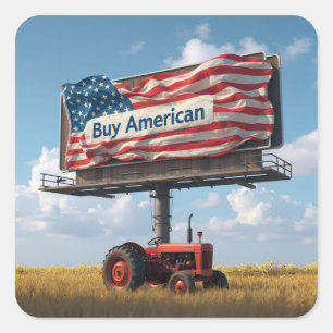 Pegatina Cuadrada Cartel de Comprar Americano Con Tractor Retro