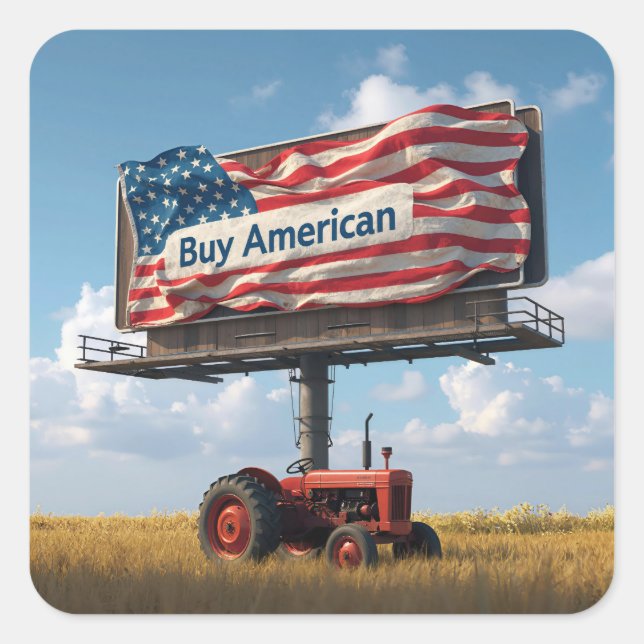 Pegatina Cuadrada Cartel de Comprar Americano Con Tractor Retro (Anverso)