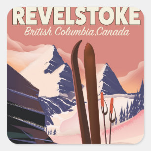 Pegatina Cuadrada Cartel de esquí de Revelstoke Columbia Británica,