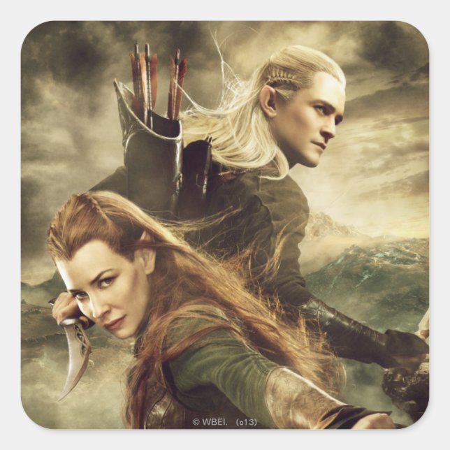 Pegatina Cuadrada Cartel de película 3 de TAURIEL™ y de LEGOLAS (Anverso)
