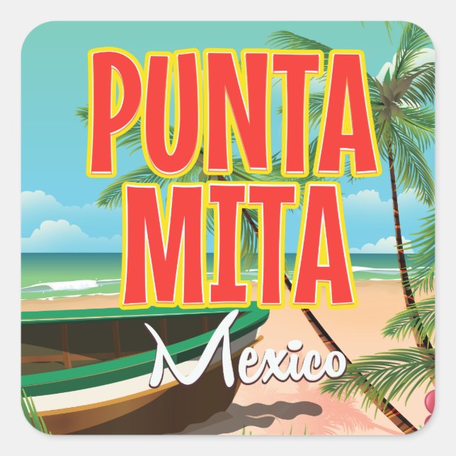 Pegatina Cuadrada Cartel de Punta Mita Mexicana Beach Travel. (Anverso)