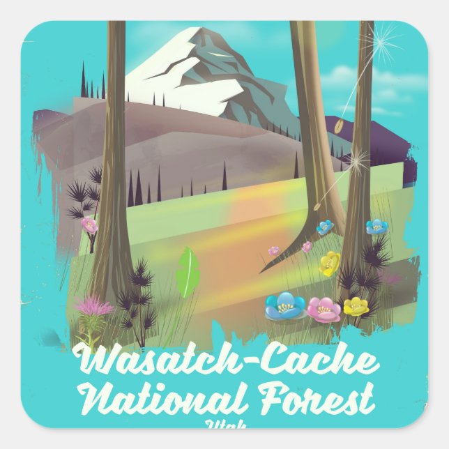 Pegatina Cuadrada Cartel de vacaciones del Bosque Nacional Wasatch-C (Anverso)