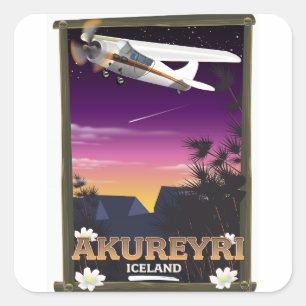 Pegatina Cuadrada Cartel de viaje a Akureyri Islandia