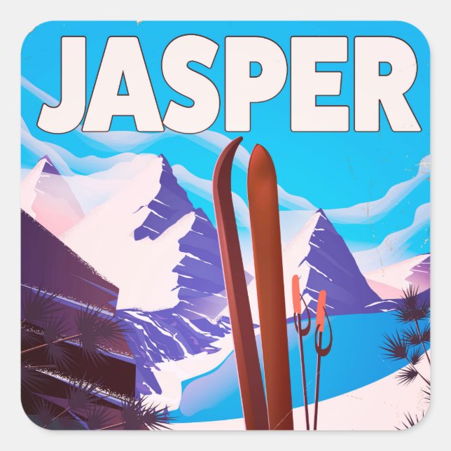 Pegatina Cuadrada Cartel de viaje a Jasper Alberta Canadá (Anverso)
