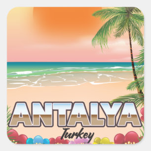 Pegatina Cuadrada Cartel de viaje a la playa de Antalya Turquía
