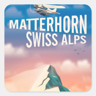 Pegatina Cuadrada cartel de viaje a los Alpes suizos Matterhorn
