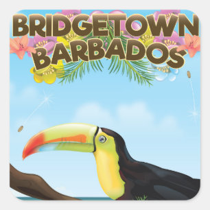 Pegatina Cuadrada Cartel de viaje de Bridgetown Barbados Tucán
