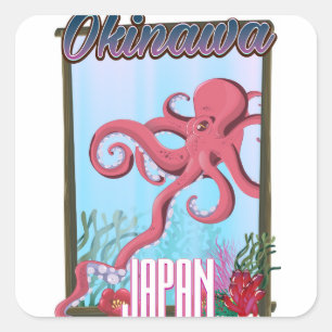 Pegatina Cuadrada Cartel de viaje de calamar de Okinawa Japón