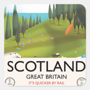 Pegatina Cuadrada Cartel de viaje de Escocia 'Es más rápido en tren'