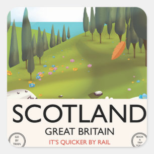Pegatina Cuadrada Cartel de viaje de Escocia 'Es más rápido en tren'