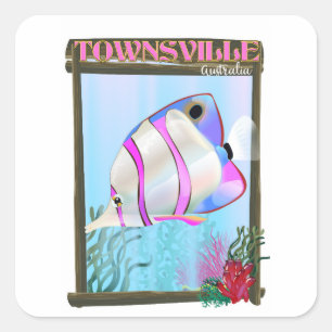 Pegatina Cuadrada Cartel de viaje de peces tropicales de Townsville 