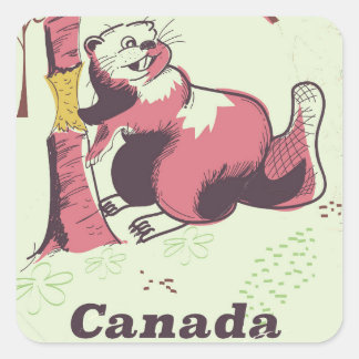 Pegatina Cuadrada Cartel de viaje del castor vintage de Canadá