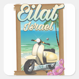 Pegatina Cuadrada Cartel de viaje en scooter de la playa de Eilat Is