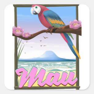 Pegatina Cuadrada Cartel de viaje tropical de Maui Hawaii loro