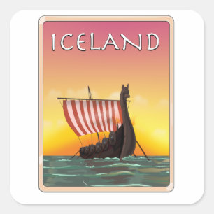 Pegatina Cuadrada cartel de viaje vikingo de Islandia