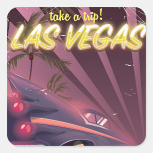 Pegatina Cuadrada Cartel de viaje vintage de automóvil de Las Vegas.