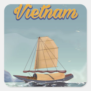 Pegatina Cuadrada Cartel de viaje vintage de barco pesquero de Vietn