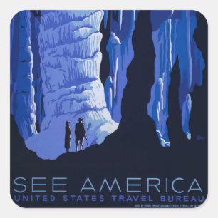 Pegatina Cuadrada Cartel de viaje vintage de cueva caverna