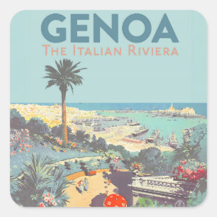 Pegatina Cuadrada Cartel de viaje vintage de Génova Riviera italiana