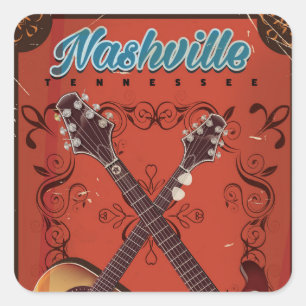 Pegatina Cuadrada Cartel de viaje vintage de guitarra de Nashville, 