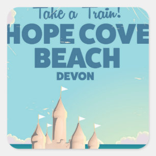 Pegatina Cuadrada Cartel de viaje vintage de la playa Hope Cove Devo