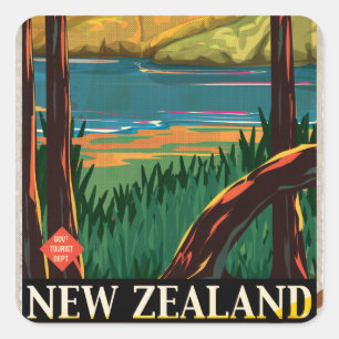 Pegatina Cuadrada Cartel de viaje vintage de Nueva Zelanda