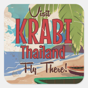 Pegatina Cuadrada Cartel de viaje vintage de Playa Krabi Tailandia