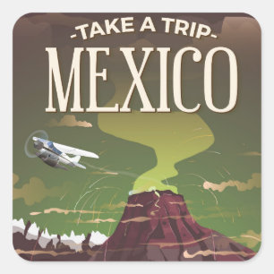 Pegatina Cuadrada Cartel de viaje vintage del Volcán Mexicano