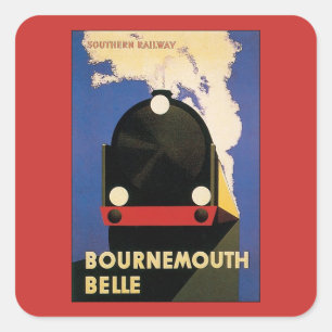 Pegatina Cuadrada Cartel de viaje vintage, tren Bournemouth Belle