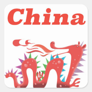 Pegatina Cuadrada Cartel vintage de viaje dragón rojo de China