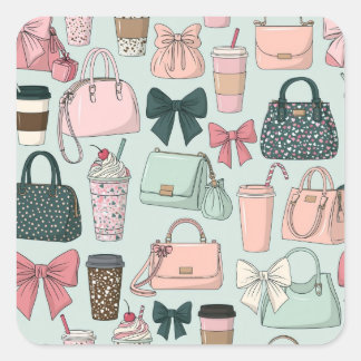 Pegatina Cuadrada Carteras, lazos y lattes