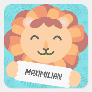Pegatina Cuadrada Cartoon Löwe mit Namensschild - blau