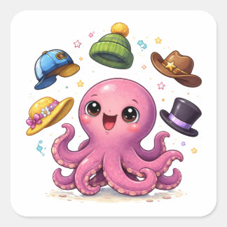 Pegatina Cuadrada Cartoon octopus juggling hats Sticker