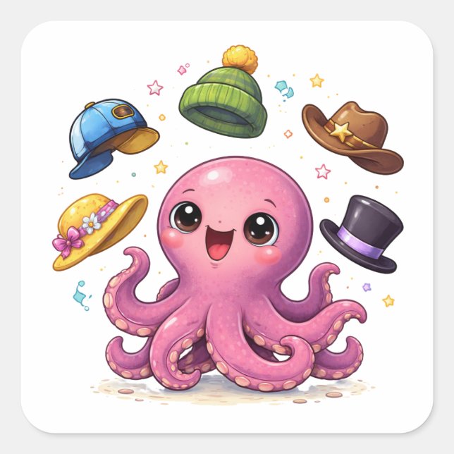 Pegatina Cuadrada Cartoon octopus juggling hats Sticker (Anverso)