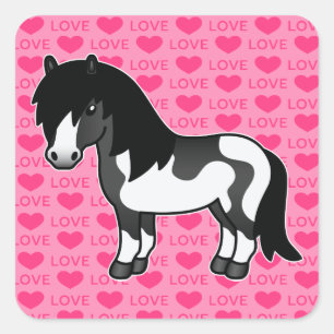 Pegatina Cuadrada Cartoon Poney Shetland Pinto Negro Corazones de Am