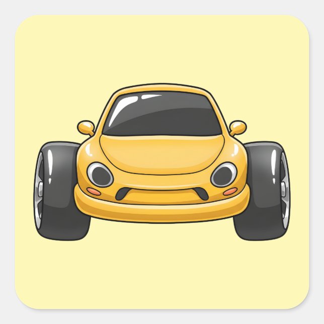 Pegatina Cuadrada Cartoon Yellow Toon Car (Anverso)