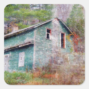 Pegatina Cuadrada Casa abandonada y camionetas de arte digital