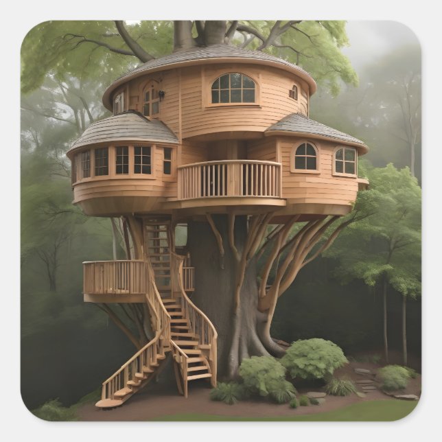 Pegatina Cuadrada Casa de árbol redonda (Anverso)