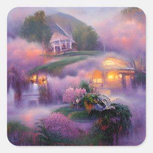 Pegatina Cuadrada Casa de campo de glicinia al atardecer junto al es