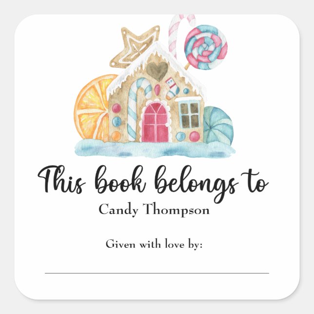 Pegatina Cuadrada Casa de galletas de navidades - este libro pertene (Anverso)