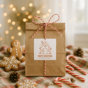 Pegatina Cuadrada Casa de Gingerbread caprichosa Feliz Navidad