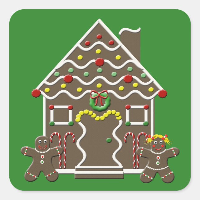 Pegatina Cuadrada Casa de Gingerbread para Navidades Cuidados (Anverso)